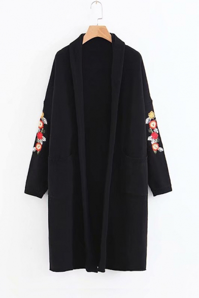 Lapel Collar Floral Embroidered Long Sleeve Open Front Tunic Cardigan