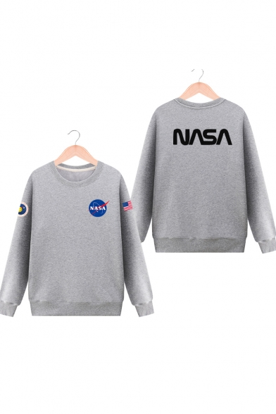 NASA Letter Graphic Pattern Long Sleeve Round Neck Pullover Unisex Sweatshirt