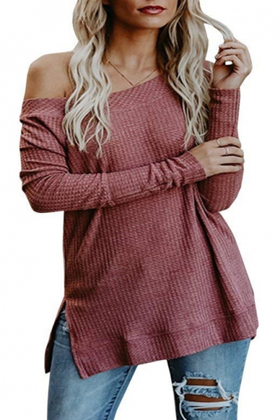 One Shoulder Long Sleeve Plain Split Side Sweater