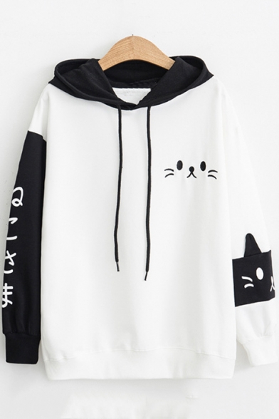 Cat Embroidered Drawstring Hood Color Block Leisure Hoodie