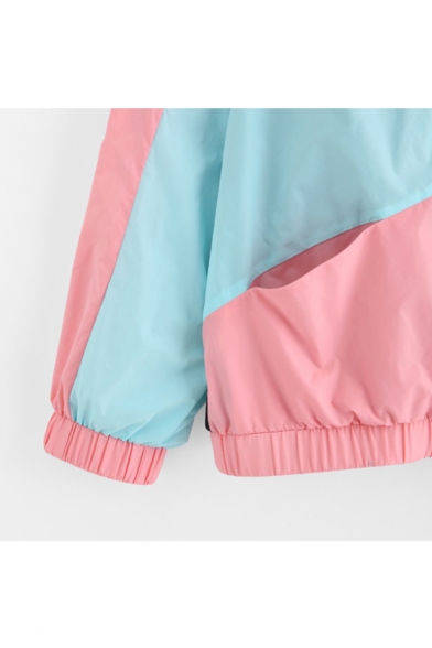 Color Block Drawstring Hood Long Sleeve Zip Up Elastic Hem Hooded Jacket