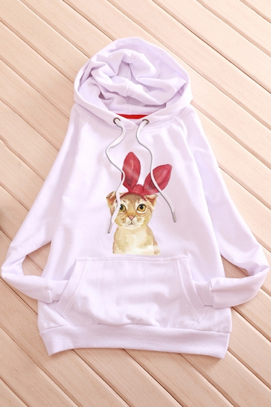 

Cute Cat Print Long Sleeve Loose Hoodie for Girl, LC489530, Pink;red;white