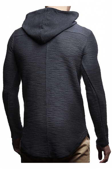 Drawstring Hood Long Sleeve Plain Asymmetric Hem Slim Hoodie for Men