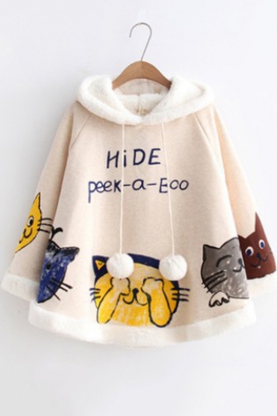 HIDE Letter Cat Print Pom Pom Drawstring Hood Loose Hooded Cape