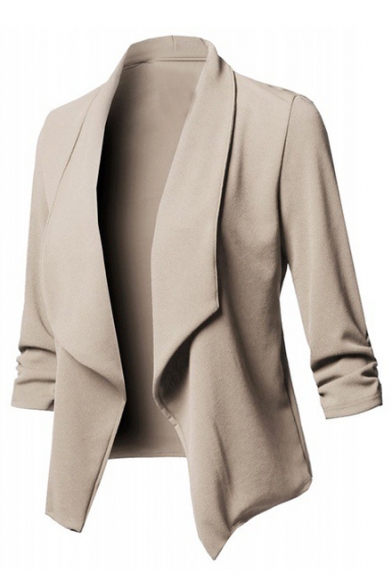 Lapel Collar Plain Long Sleeve Pleated Detail Open Front Blazer