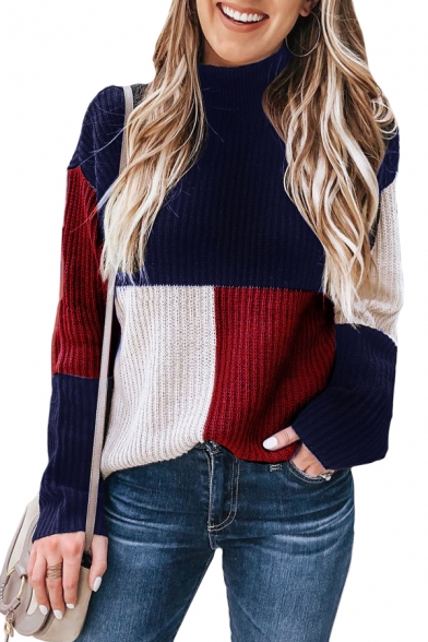 Mock Neck Color Block Long Sleeve Ribbed Pullover Sweater