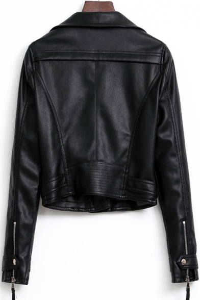 Notched Lapel Collar Long Sleeve Offset Zip Closure Cropped Leather Jacket