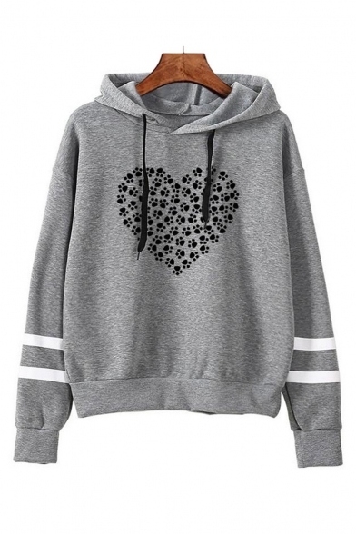 Paw Heart Print Contrast Striped Long Sleeve Casual Hoodie