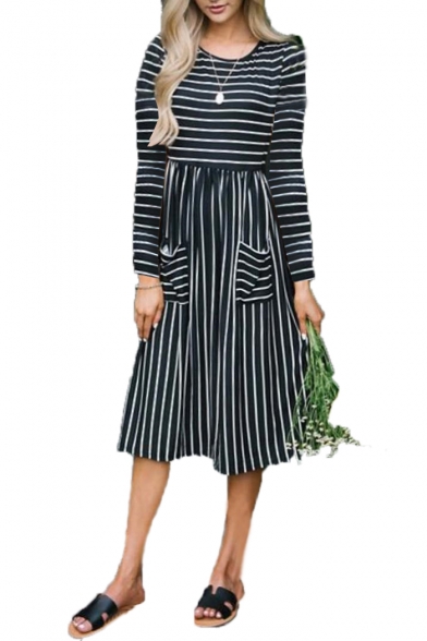 Striped Round Neck Long Sleeve Midi A-Line Dress with Pockets