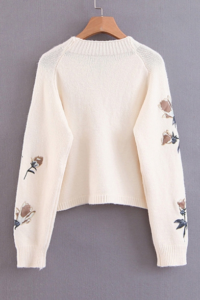 Stylish Floral Embroidered Round Neck Long Sleeve Pullover Sweater