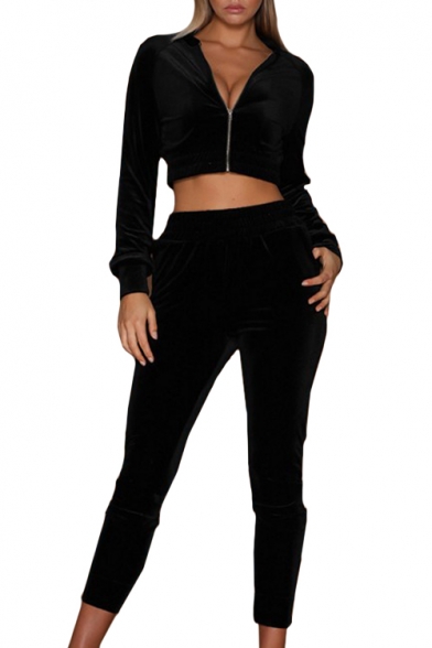 Velvet Stand Up Collar Raglan Long Sleeve Zip Up Cropped Jacket with High Waist Slim Pants Co-ords