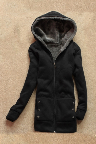 Zip Up Plain Long Sleeve Faux Fur Lined Hooded Jacket