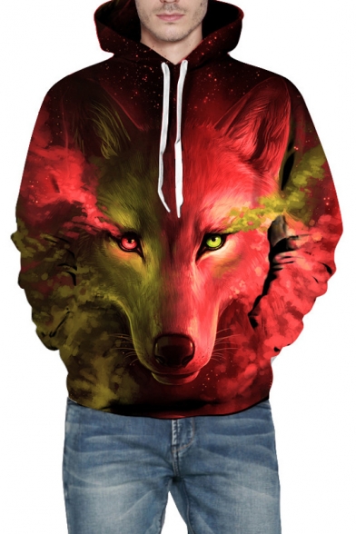 3D Colorful Wolf Print Long Sleeve Casual Hoodie