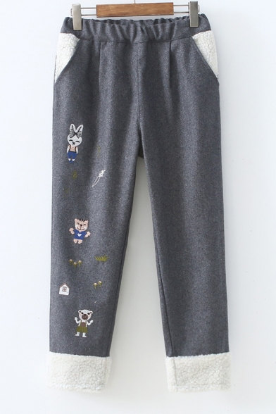 Cartoon Animal Embroidered Elastic Waist Straight Cropped Pants
