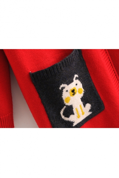 Cat Dog Jacquard Contrast Pocket Long Sleeve Collarless Tunic Cardigan