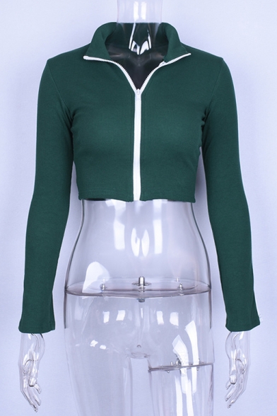 Chic Zip Front Stand Up Collar Long Sleeve Ribbed Cropped Top