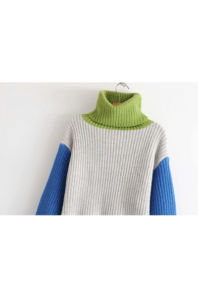Collar Block High Collar Long Sleeve Ribbed Sweater