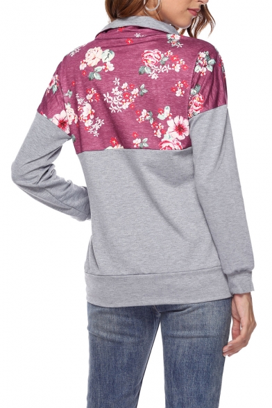 Contrast Floral Zippered Lapel Collar Long Sleeve Sweatshirt