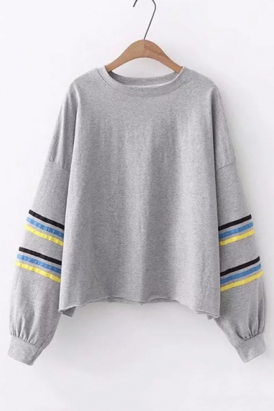 Contrast Striped Patch Round Neck Long Sleeve Loose Sweatshirt