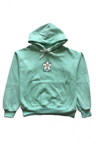 Drawstring Hood Floral Letter Embroidered Long Sleeve Hoodie
