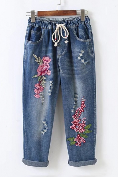 Faded Floral Embroidered Drawstring Waist Distressed Detail Loose Cropped Jeans