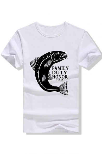 FAMILY DUTY Letter Fish Print Round Neck Short Sleeve T-Shirt