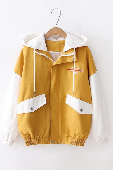 Letter Embroidered Color Block Long Sleeve Zip Placket Hooded Jacket