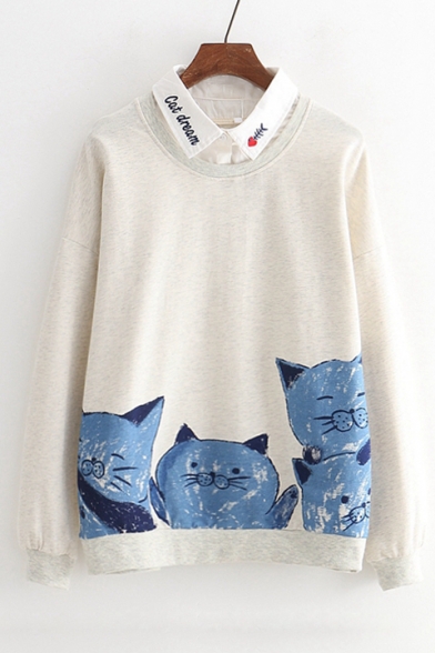 Letter Embroidered Contrast Lapel Collar Cat Print Long Sleeve Layered Sweatshirt