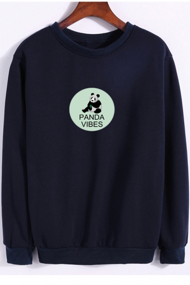 Letter Panda Print Round Neck Long Sleeve Casual Sweatshirt