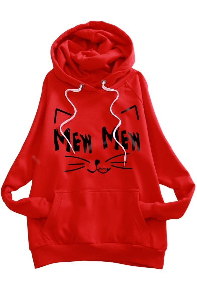 

MEW Letter Cat Pattern Long Sleeve Casual Hoodie, Pink;red;white, LC489528