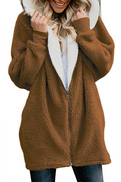 Plain Long Sleeve Loose Zip Up Hooded Faux Fur Coat