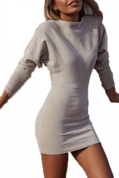Sexy Plain Round Neck Long Sleeve Mini Pencil Dress