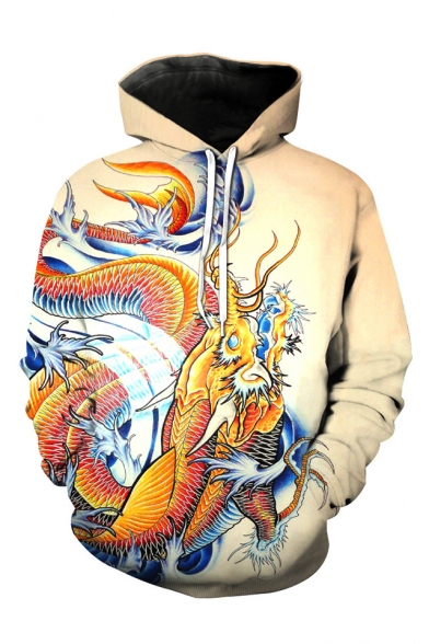 3D Dragon Printed Long Sleeve Regular Fitted Apricot Hoodie