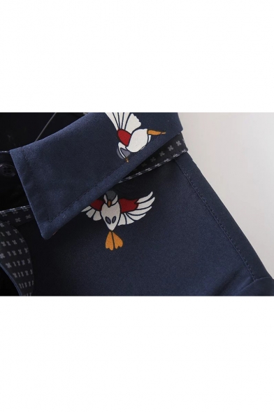 Bird Print Lapel Collar Long Sleeve Concealed Button Front Shirt