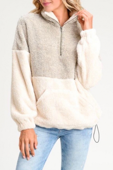 Color Block Stand Collar Long Sleeve Faux Fur Half-Zip Sweatshirt
