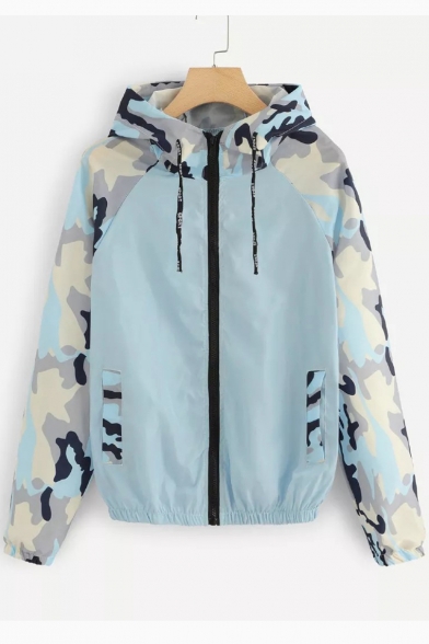 Contrast Camouflage Long Sleeve Zip Up Hooded Anorak Jacket