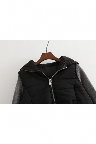 Contrast Vest-Style Layered Patchwork Long Sleeve Hooded Coat