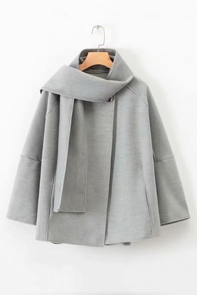 Crew Neck Long Sleeve Single Button Plain Cape Coat with Scarf