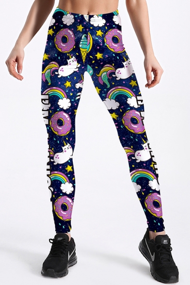 Doughnut Rainbow All Over Print Elastic Waist Skinny Leggings