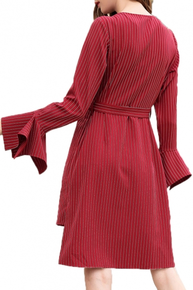 Elegant Striped V neck Long Sleeve Tie Waist Midi Asymmetrical Dress