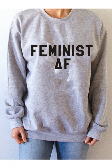 FEMINIST Letter Print Round Neck Long Sleeve Pullover Sweatshirt
