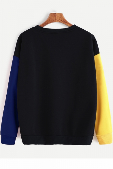 HOW YOU Letter Color Block Round Neck Long Sleeve Pullover Sweatshirt