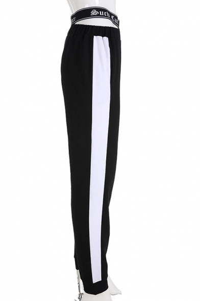 Letter Rib Knit Waistband Hollow Out Contrast Striped Side Leisure Sports Pants