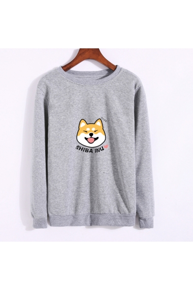 Lovely SHIBA INU Letter Animal Print Round Neck Long Sleeve Sweatshirt