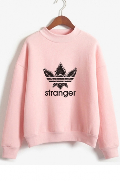 

Mock Neck Floral STRANGER Letter Print Long Sleeve Sweatshirt, Blue;pink;red;white;gray;khaki;navy, LC487781