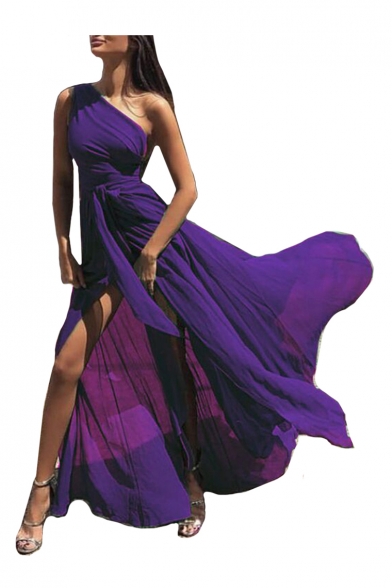 One Shoulder Plain Sleeveless Split Front Maxi A-Line Chiffon Dress