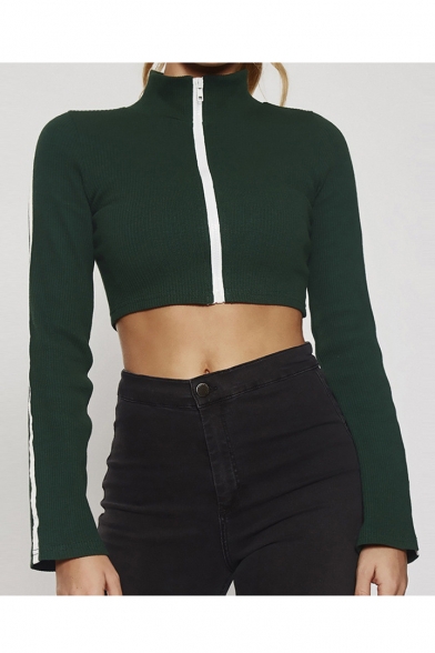 Chic Zip Front Stand Up Collar Long Sleeve Ribbed Cropped Top
