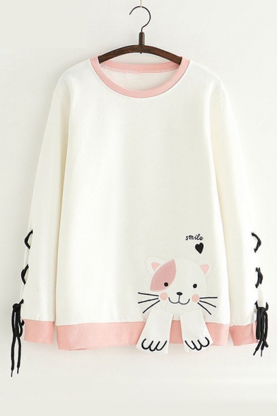 Color Block Letter Cat Embroidered Lace Up Detail Long Sleeve Round Neck Sweatshirt