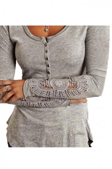 Crochet Patch Button Front Round Neck Long Sleeve Slim T-Shirt
