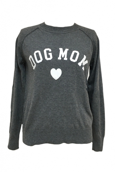 DOG MOM Letter Heart Print Round Neck Raglan Long Sleeve Pullover Sweatshirt